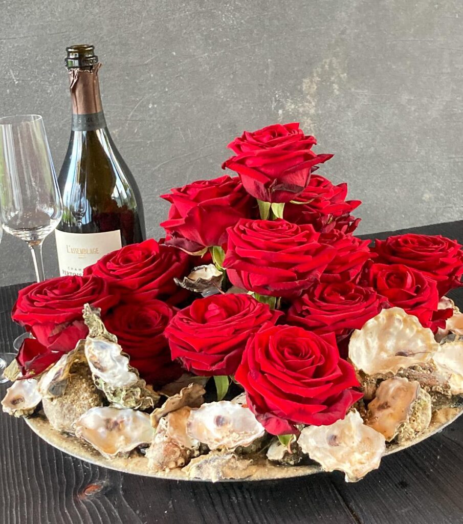 Red Naomi Table design with oysters by Linda Nielsen
